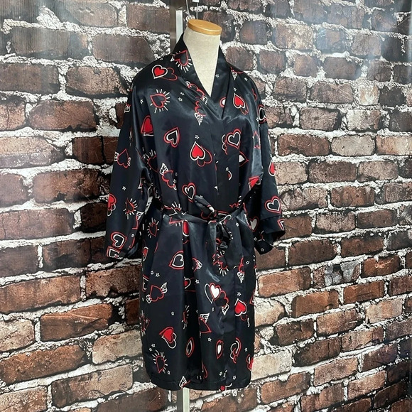 Dentelle Robe & Chemise Set Women's L Large Black Red Heart Pattern Slip Knee - Picture 7 of 17